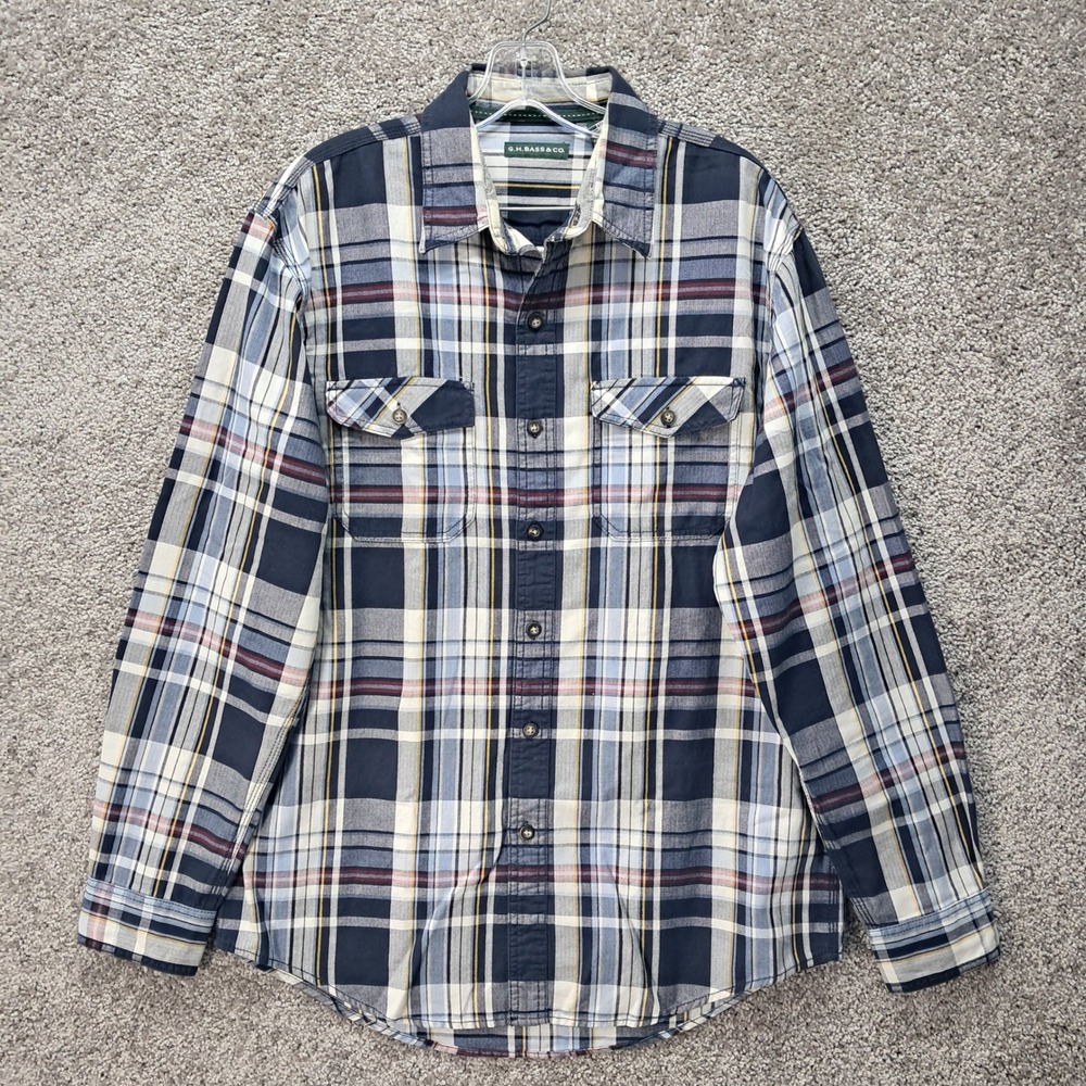 GH Bass Mens Medium Plaid Button Down Shirt Navy Blue Cotton Long Sleeve 6878